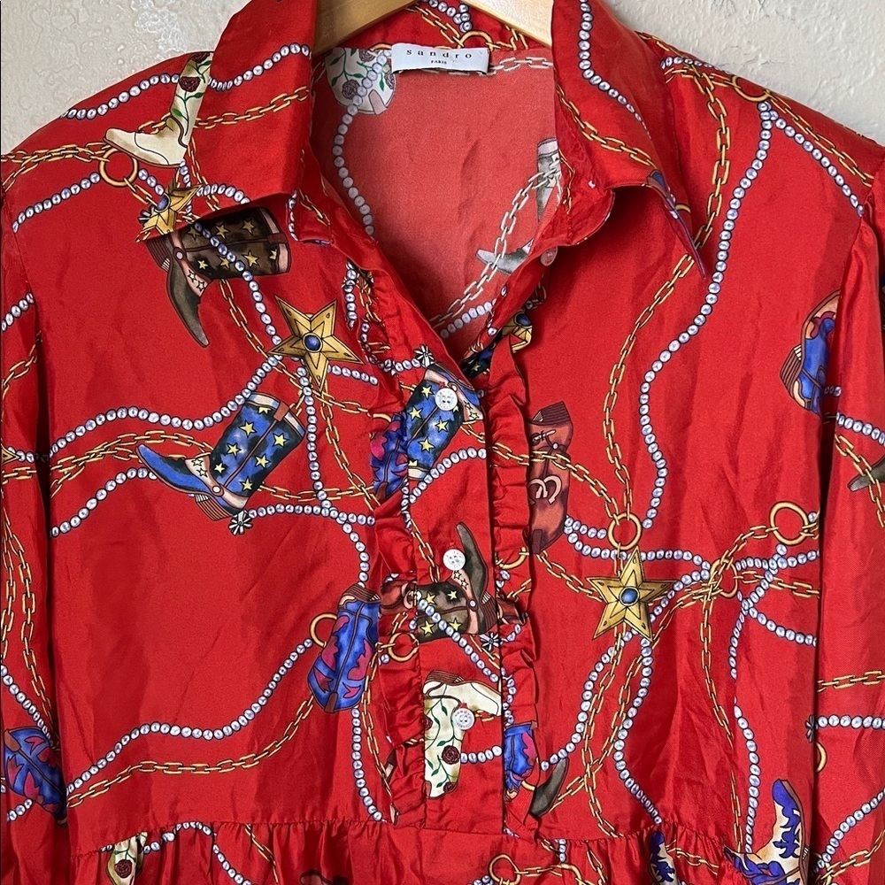 Sandro red silk cowboy boot western style long sleeve dress - Picture 4 of 16